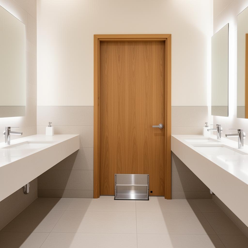 Cleandoor installé au bas d'une porte de toilettes en bois dans un sanitaire moderne